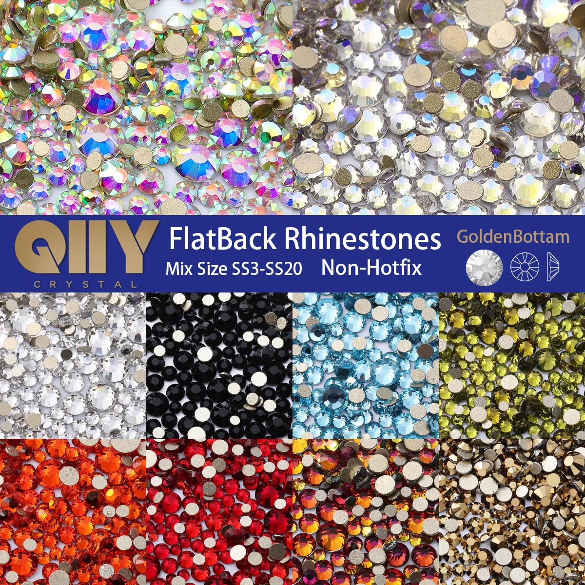 QIIY 1440pcs Glass Rhinestones – Mixed Sizes Flatback Gems