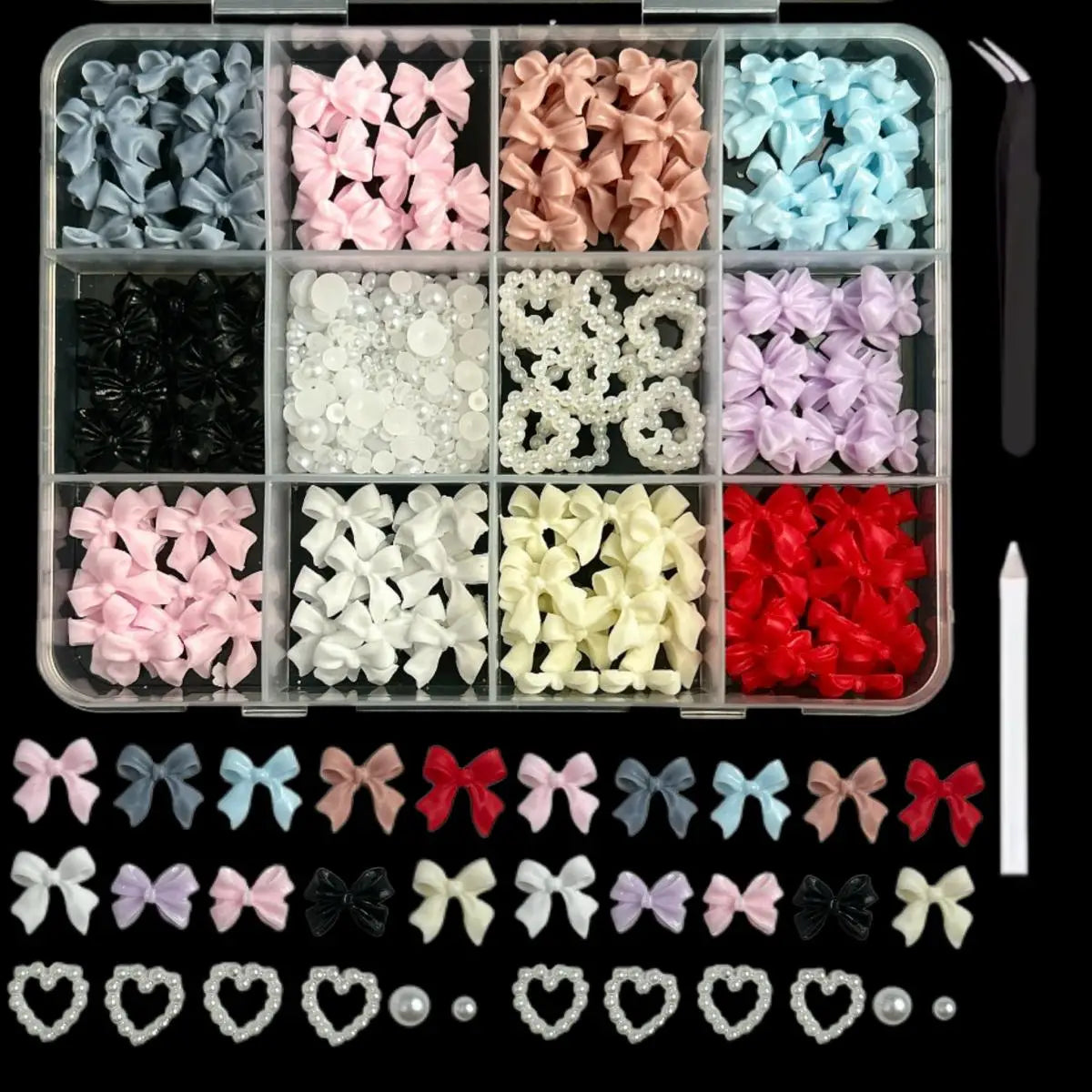 1 Box Multi-Style Resin Nail Charms – Bears, Bows, Pearls & More
