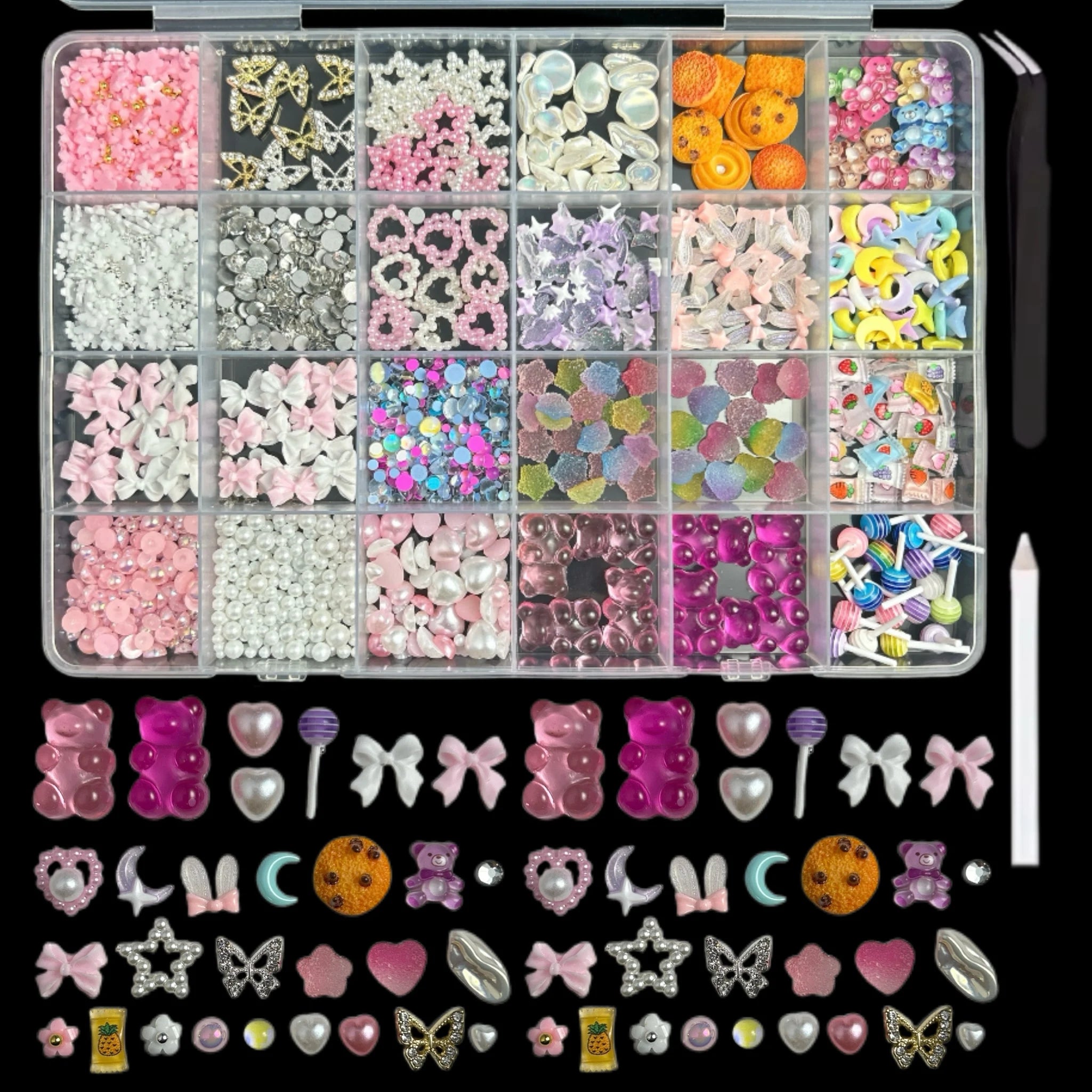 1 Box Multi-Style Resin Nail Charms – Bears, Bows, Pearls & More