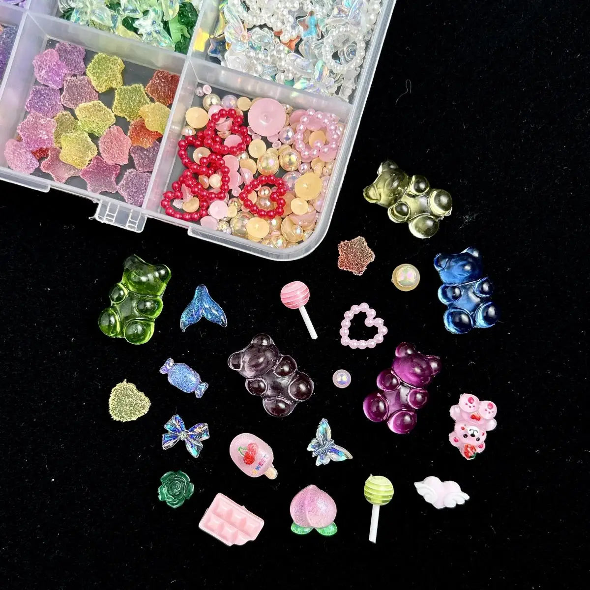 1 Box Multi-Style Resin Nail Charms – Bears, Bows, Pearls & More