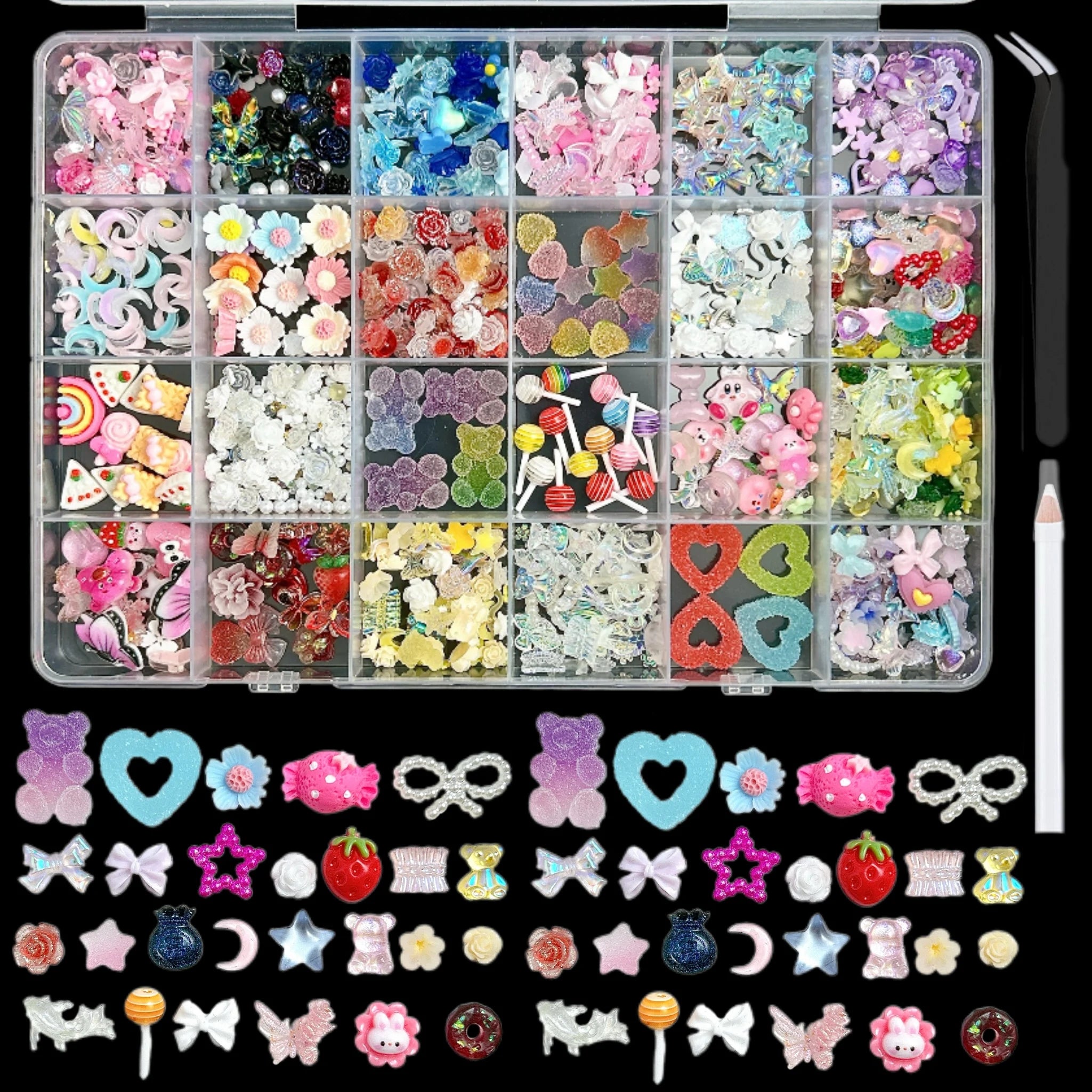 1 Box Multi-Style Resin Nail Charms – Bears, Bows, Pearls & More