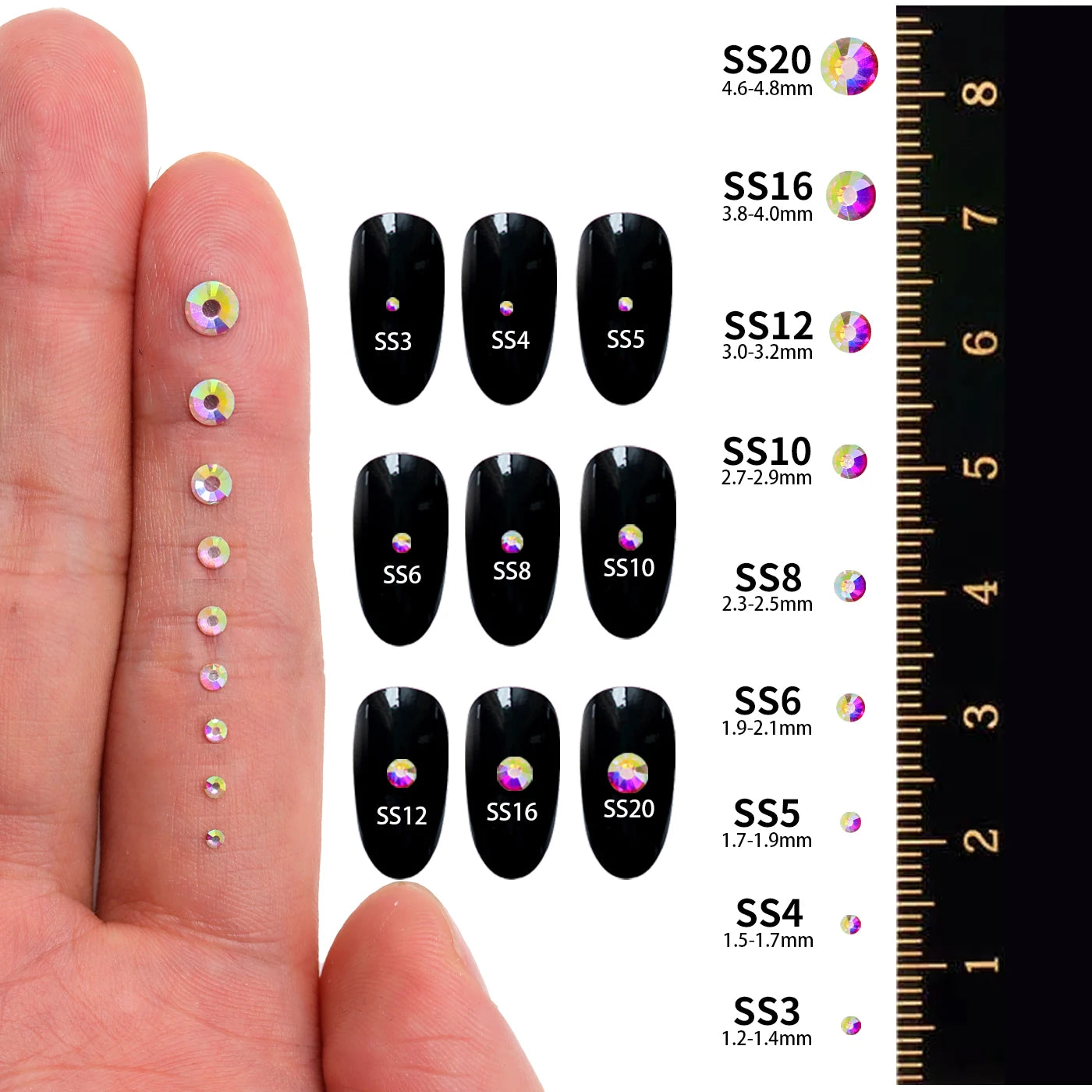 QIIY 1440pcs Glass Rhinestones – Mixed Sizes Flatback Gems