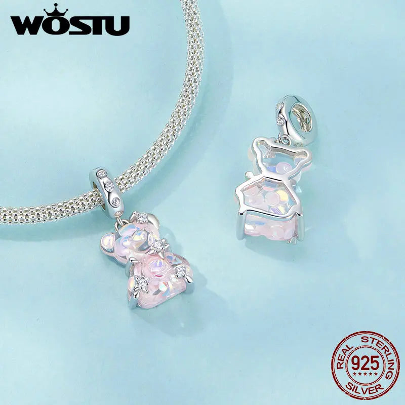 WOSTU 925 Sterling Silver Princess Bear & Rose Charms
