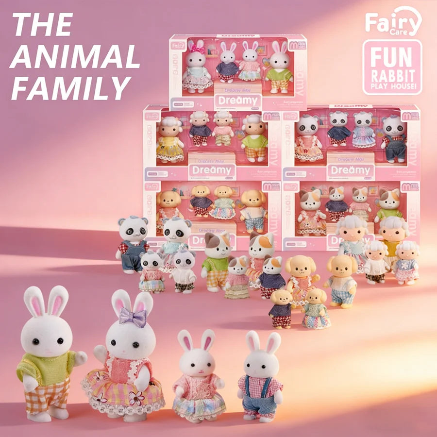 Forest Family Doll & Furniture Set – Rabbit & Dog Dollhouse Playset