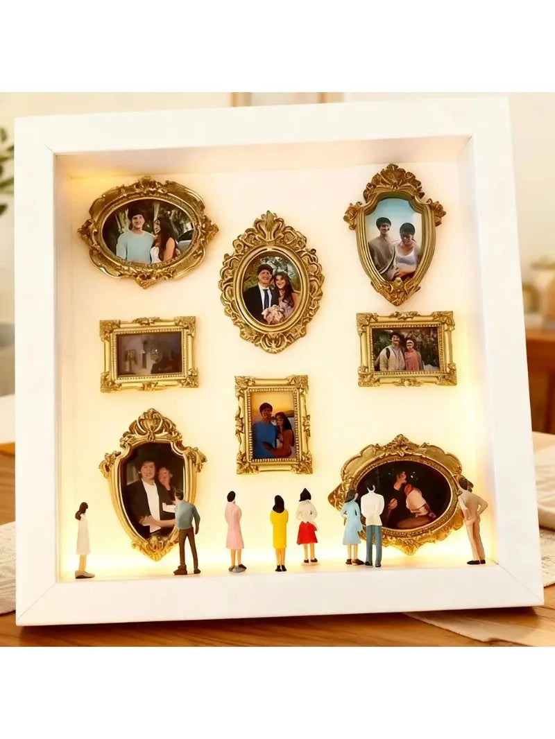 Mini Museum Photo Album Silhouette Box – Stylish Creative Memory Display Kit with Miniature Statue & Gold Frame