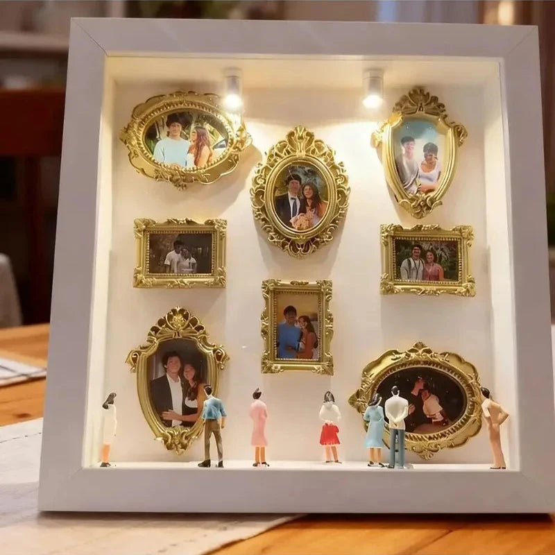 Mini Museum Photo Album Silhouette Box – Stylish Creative Memory Display Kit with Miniature Statue & Gold Frame