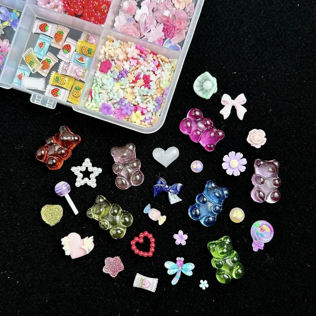 1 Box Multi-Style Resin Nail Charms – Bears, Bows, Pearls & More