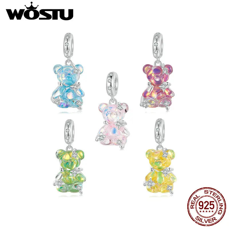 WOSTU 925 Sterling Silver Princess Bear & Rose Charms