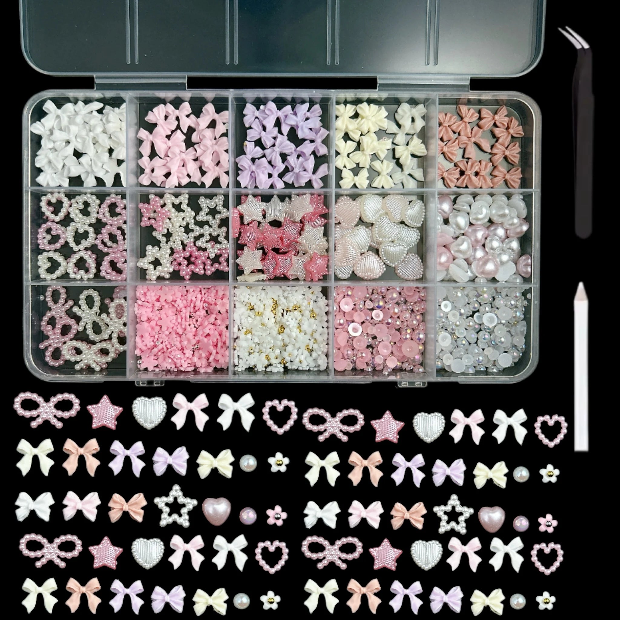 1 Box Multi-Style Resin Nail Charms – Bears, Bows, Pearls & More