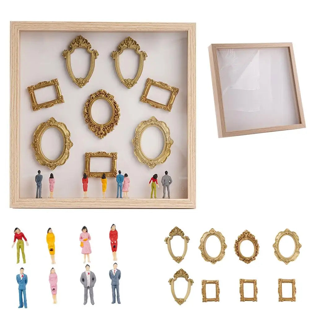 Mini Museum Photo Album Silhouette Box – Stylish Creative Memory Display Kit with Miniature Statue & Gold Frame