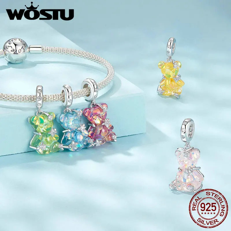 WOSTU 925 Sterling Silver Princess Bear & Rose Charms