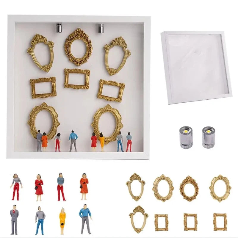 Mini Museum Photo Album Silhouette Box – Stylish Creative Memory Display Kit with Miniature Statue & Gold Frame
