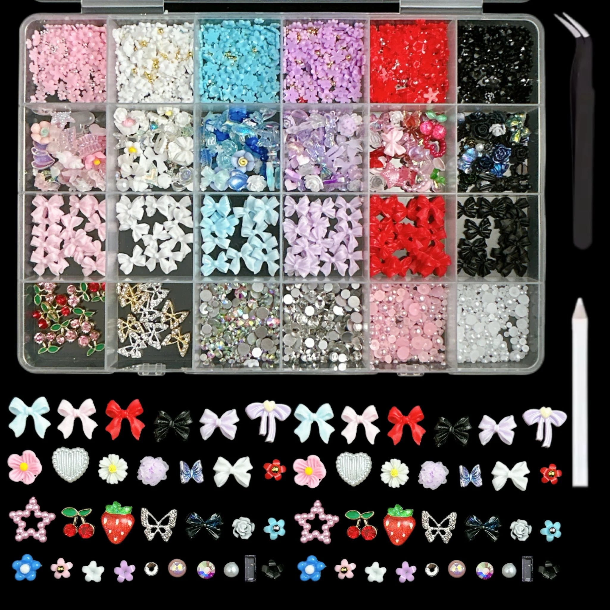 1 Box Multi-Style Resin Nail Charms – Bears, Bows, Pearls & More