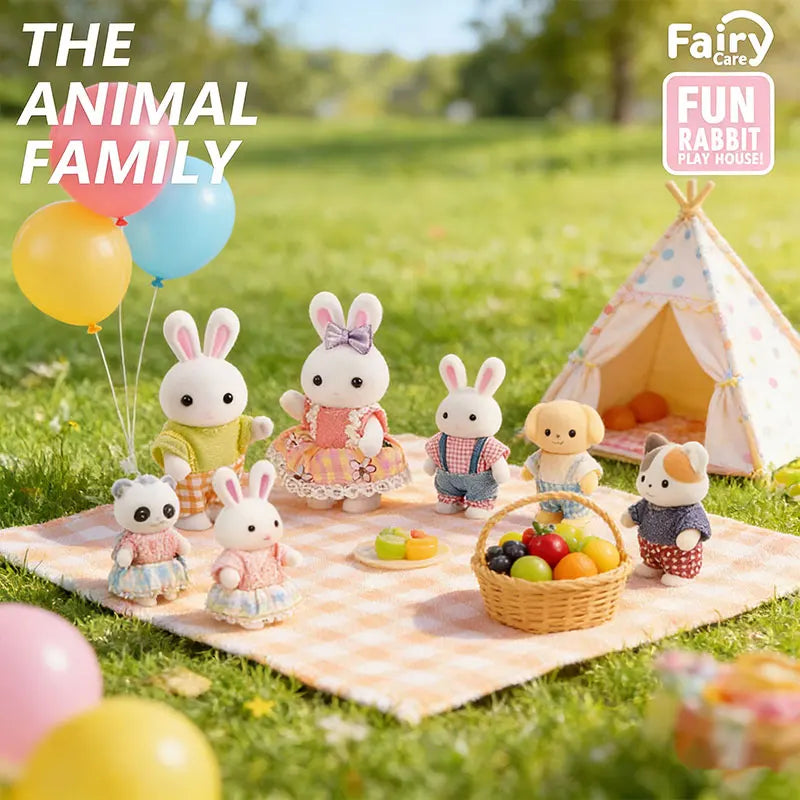 Forest Family Doll & Furniture Set – Rabbit & Dog Dollhouse Playset