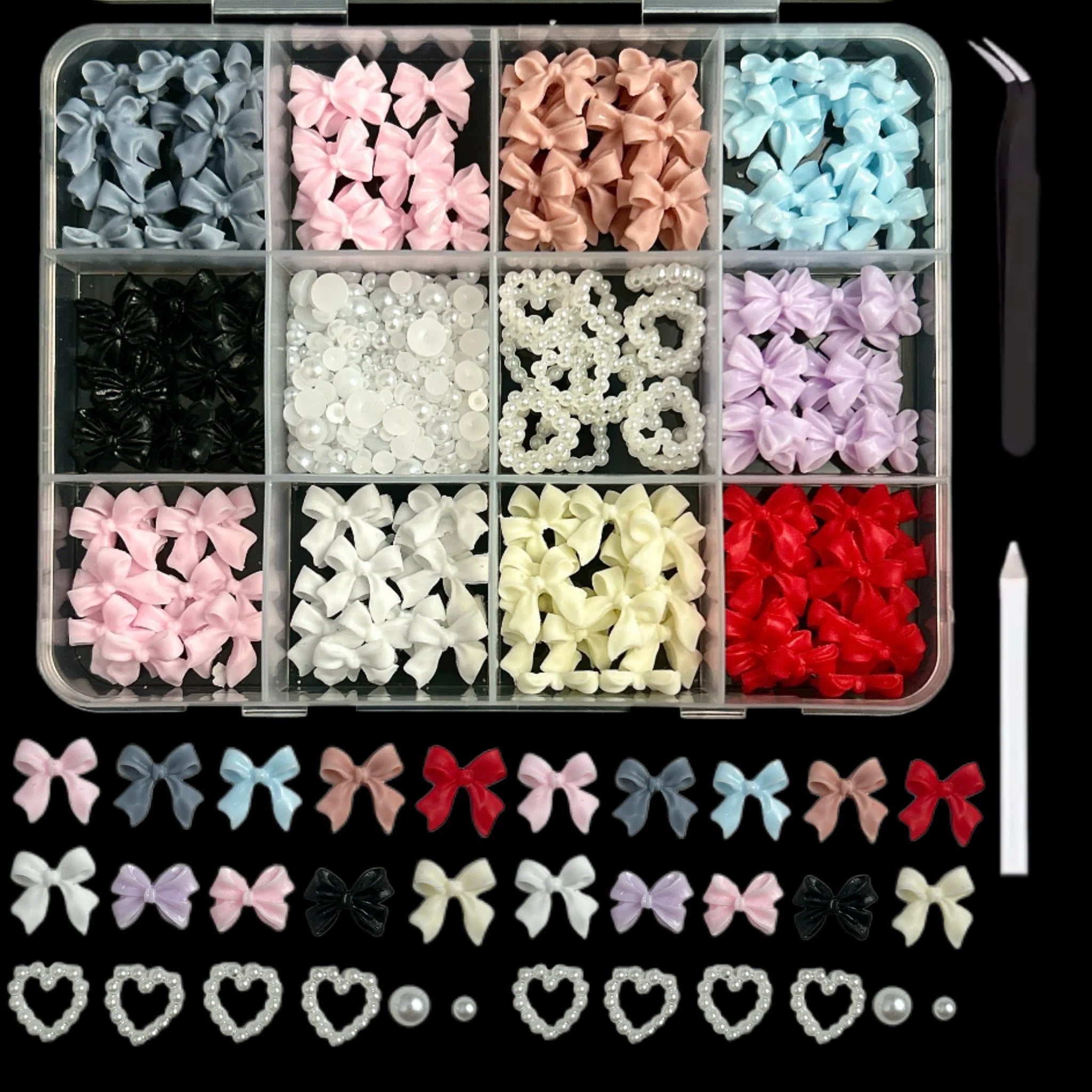 1 Box Multi-Style Resin Nail Charms – Bears, Bows, Pearls & More