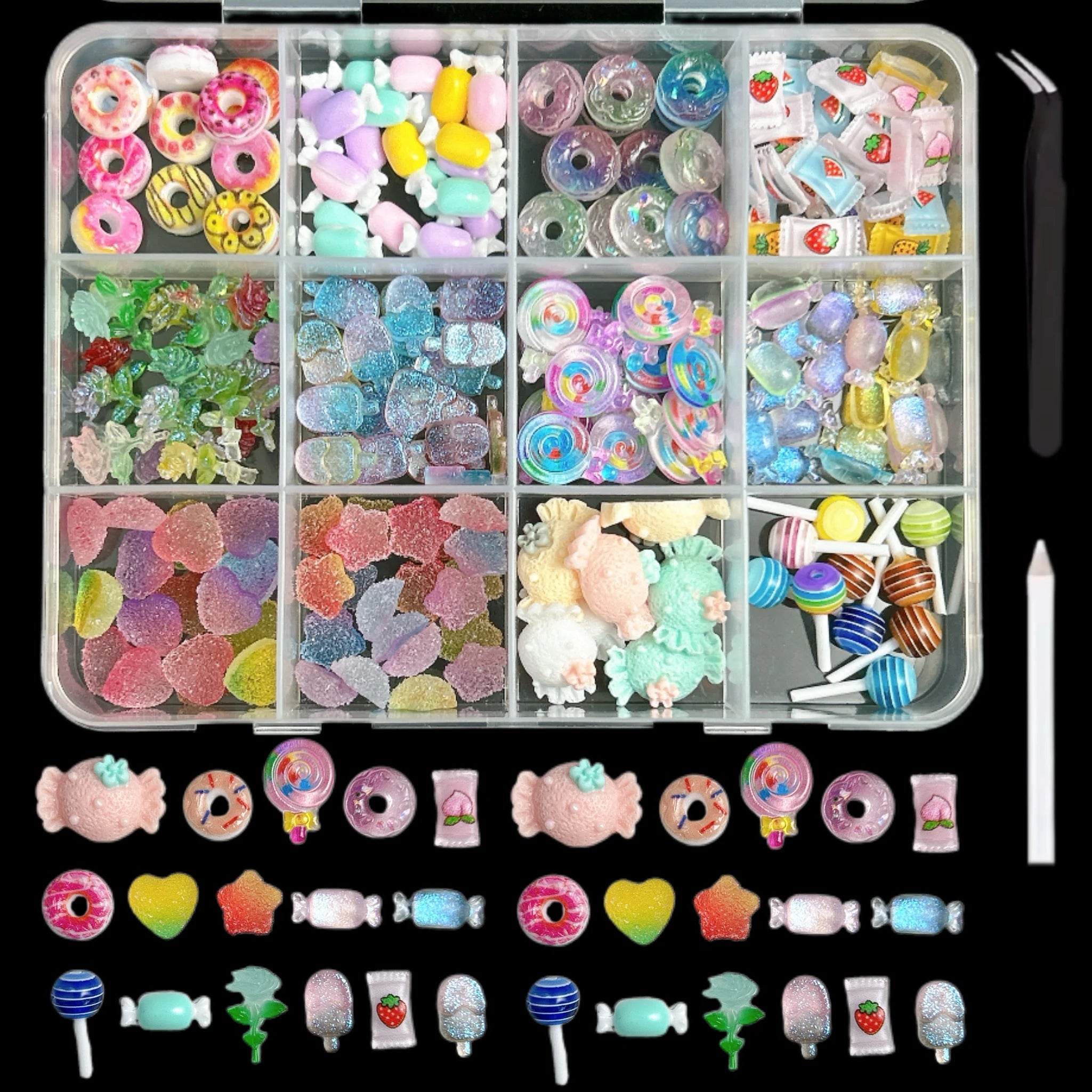 1 Box Multi-Style Resin Nail Charms – Bears, Bows, Pearls & More