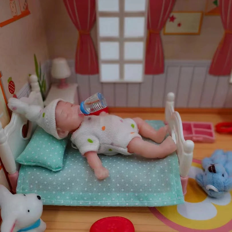 8cm Mini Silicone Reborn Baby Girl Doll with 2 Outfits