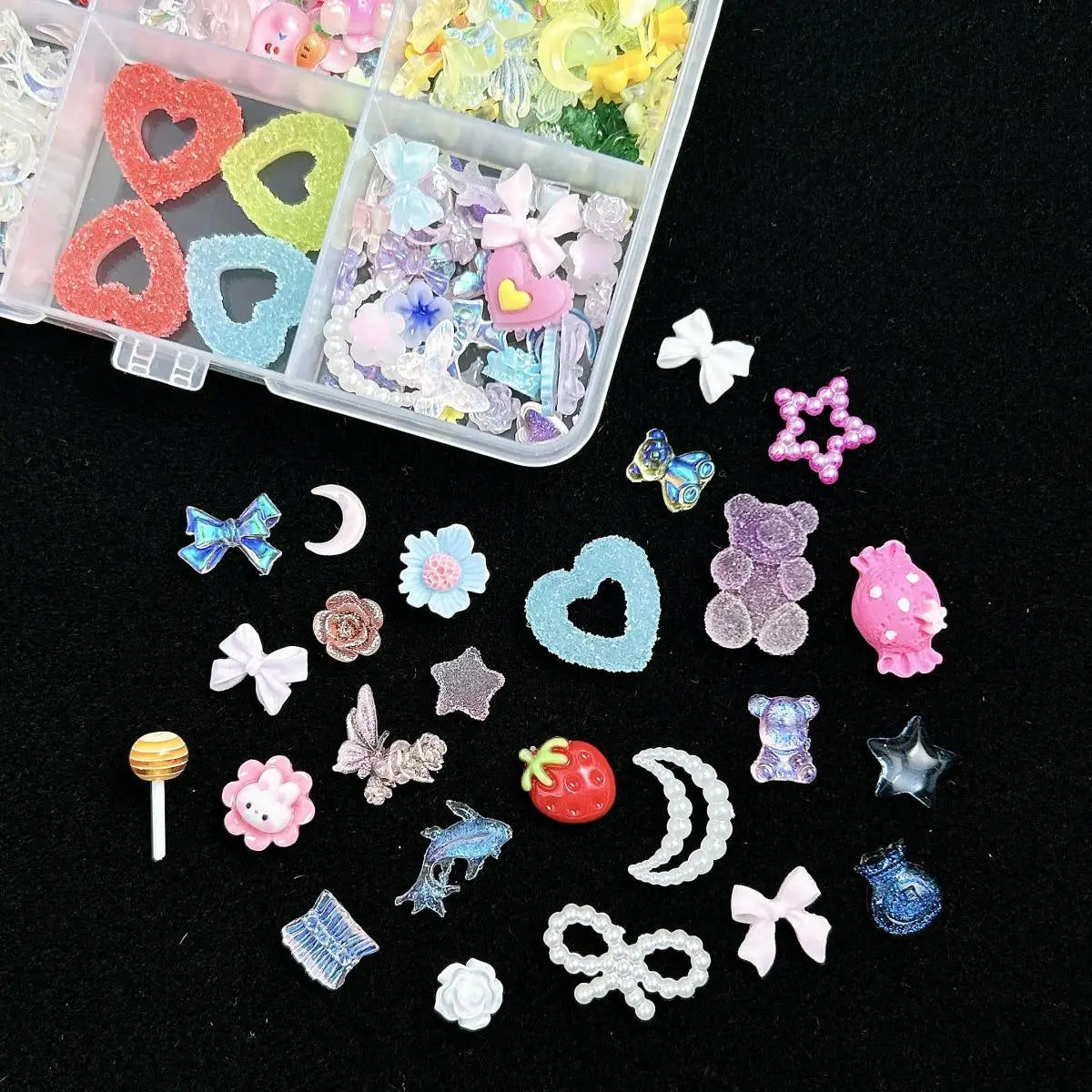 1 Box Multi-Style Resin Nail Charms – Bears, Bows, Pearls & More