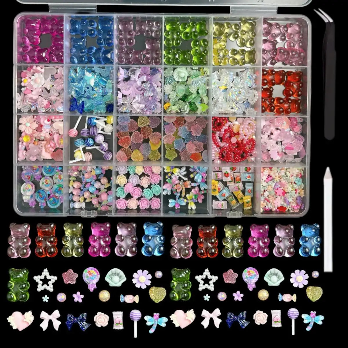 1 Box Multi-Style Resin Nail Charms – Bears, Bows, Pearls & More