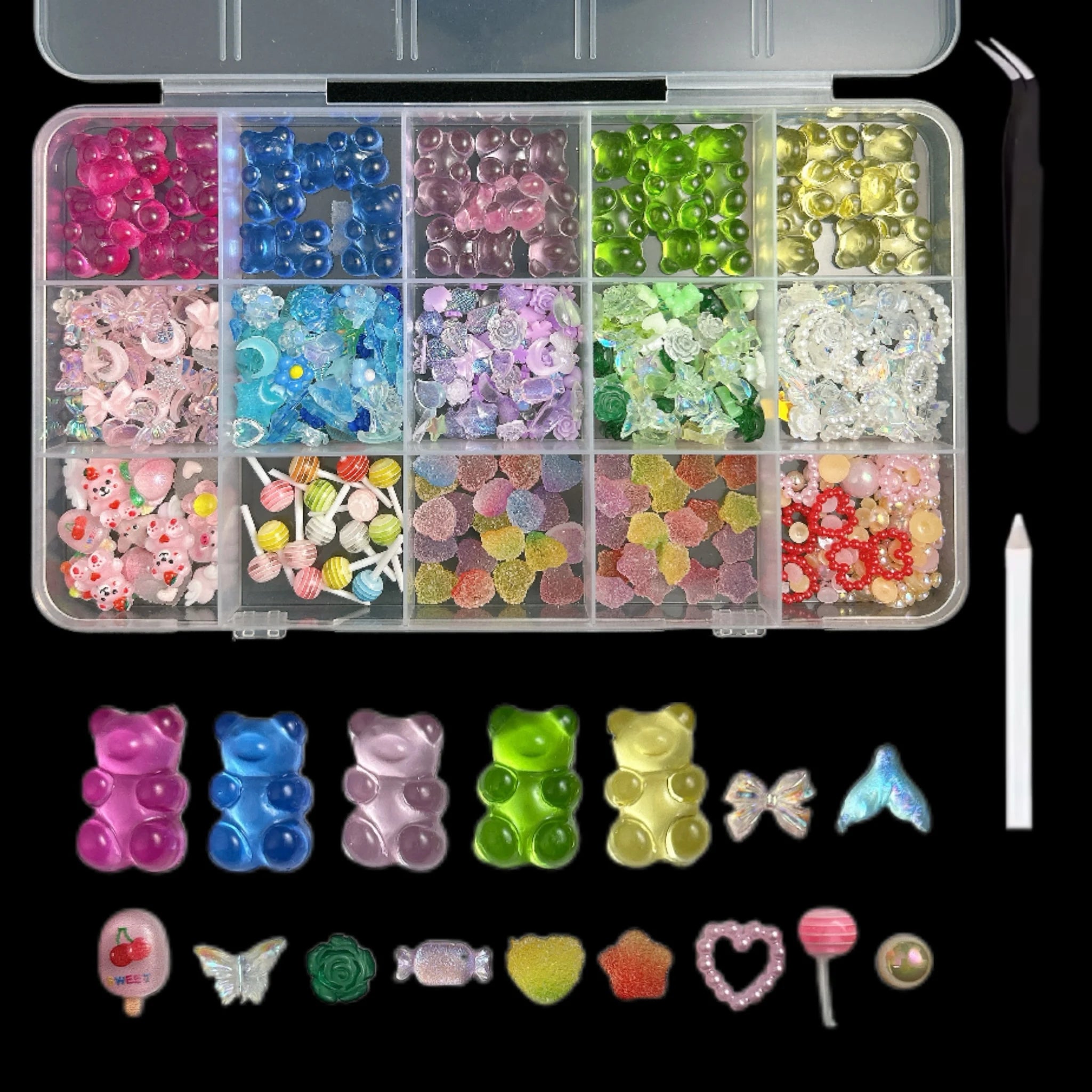 1 Box Multi-Style Resin Nail Charms – Bears, Bows, Pearls & More