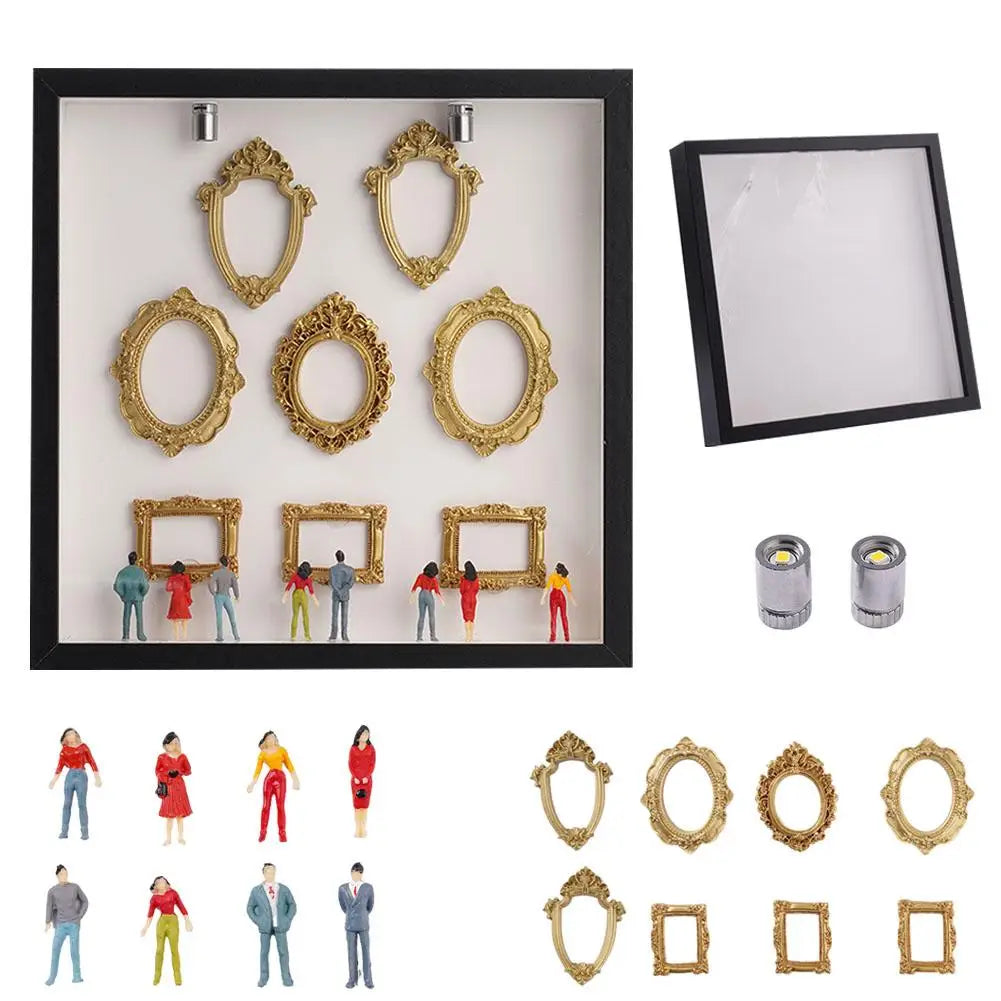 Mini Museum Photo Album Silhouette Box – Stylish Creative Memory Display Kit with Miniature Statue & Gold Frame