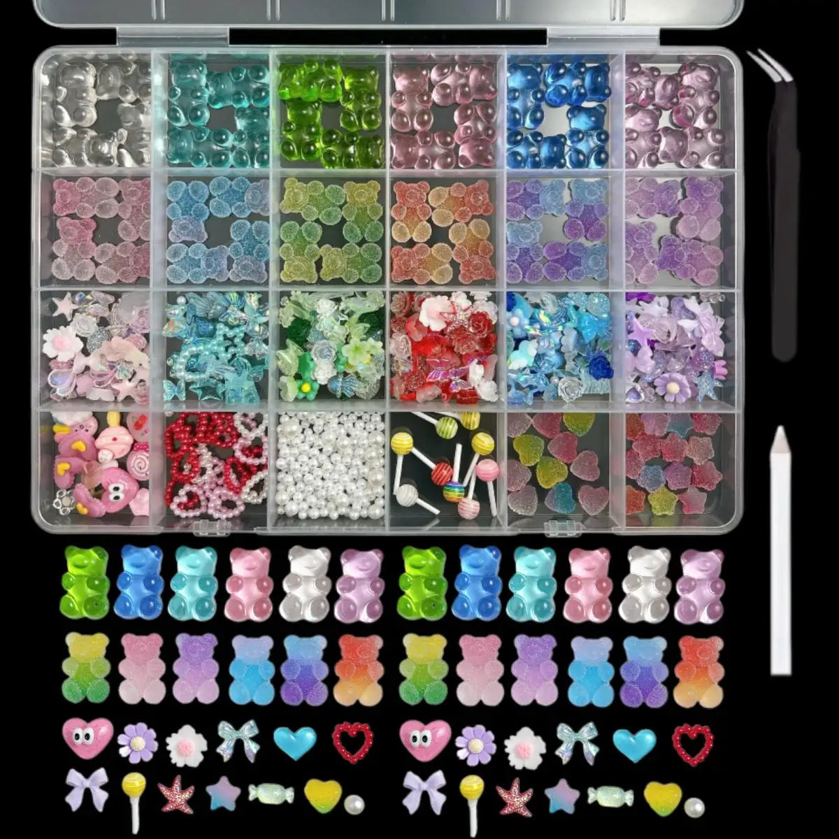 1 Box Multi-Style Resin Nail Charms – Bears, Bows, Pearls & More