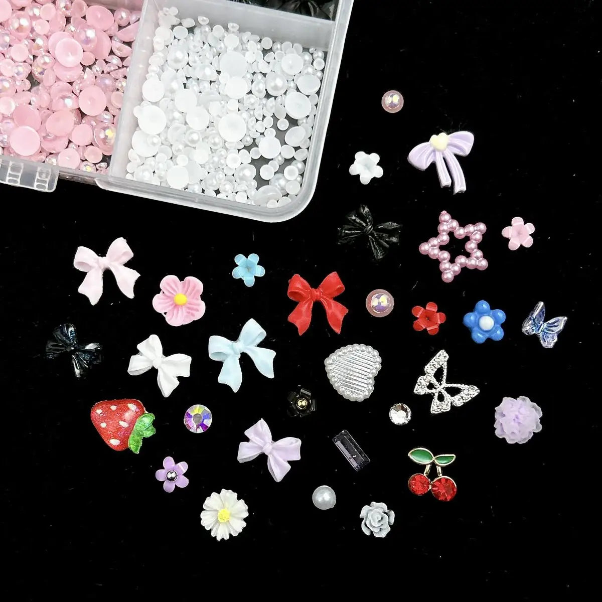 1 Box Multi-Style Resin Nail Charms – Bears, Bows, Pearls & More