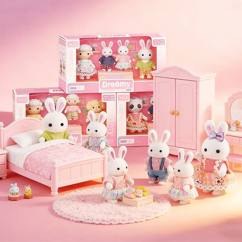 Forest Family Doll & Furniture Set – Rabbit & Dog Dollhouse Playset