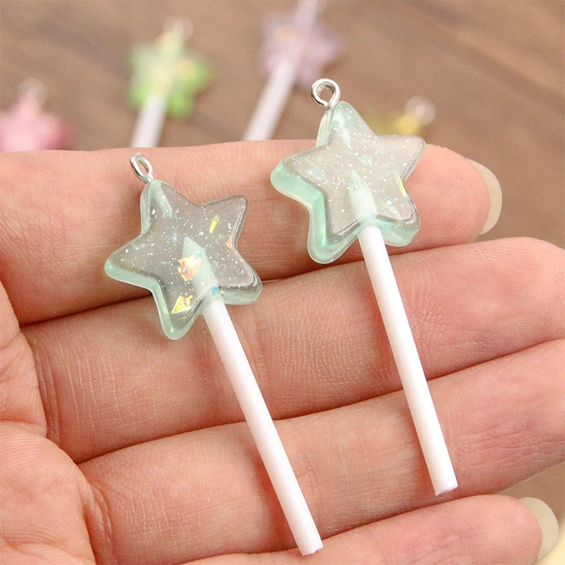 10pcs Glitter Star Lollipop Resin Charms