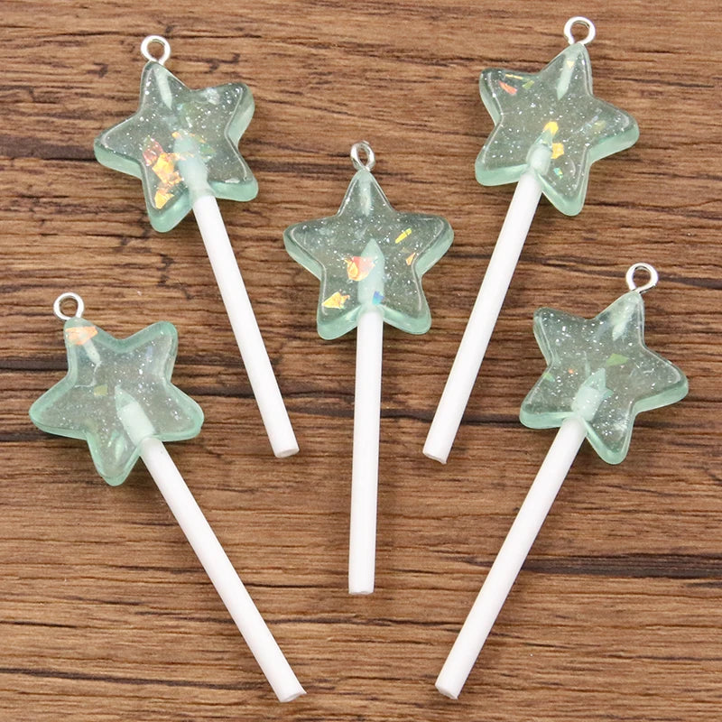 10pcs Glitter Star Lollipop Resin Charms