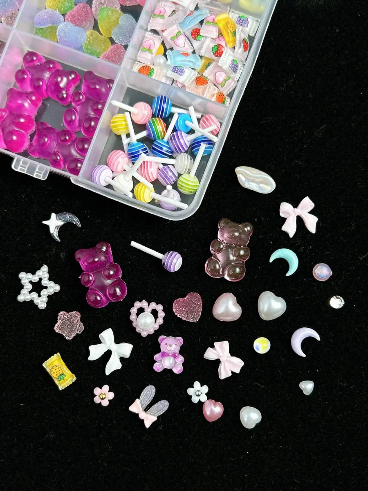 1 Box Multi-Style Resin Nail Charms – Bears, Bows, Pearls & More