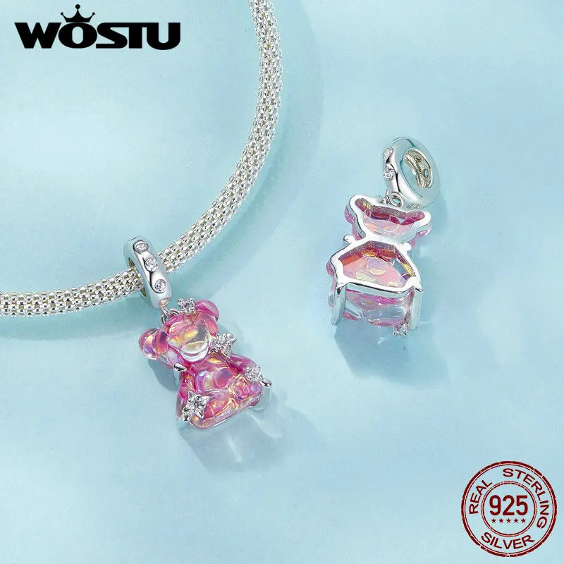 WOSTU 925 Sterling Silver Princess Bear & Rose Charms