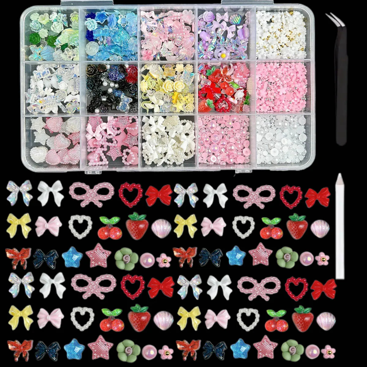 1 Box Multi-Style Resin Nail Charms – Bears, Bows, Pearls & More