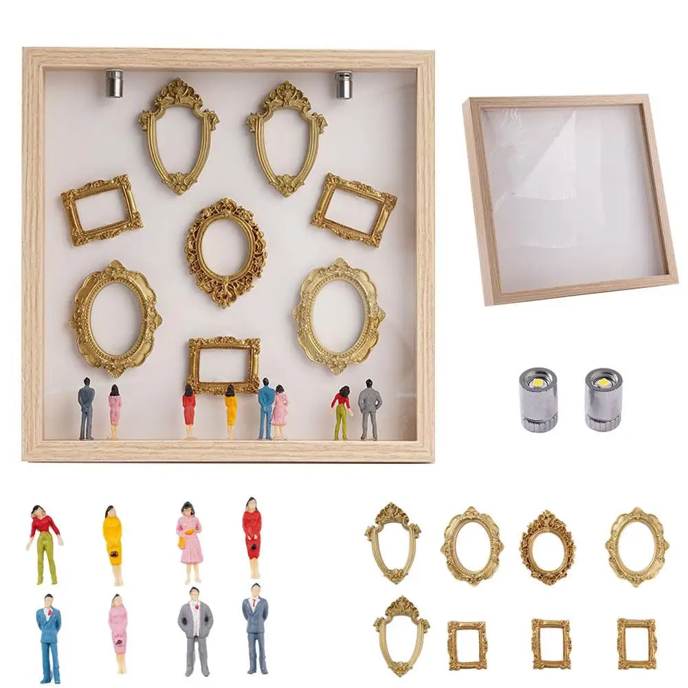 Mini Museum Photo Album Silhouette Box – Stylish Creative Memory Display Kit with Miniature Statue & Gold Frame