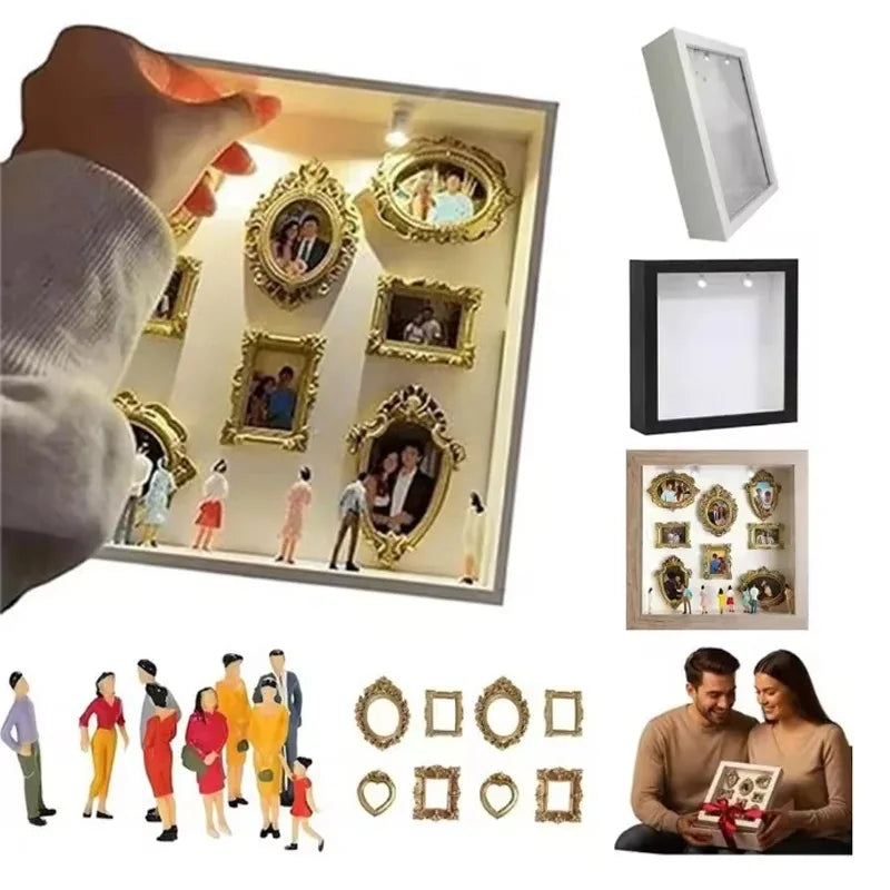 Mini Museum Photo Album Silhouette Box – Stylish Creative Memory Display Kit with Miniature Statue & Gold Frame