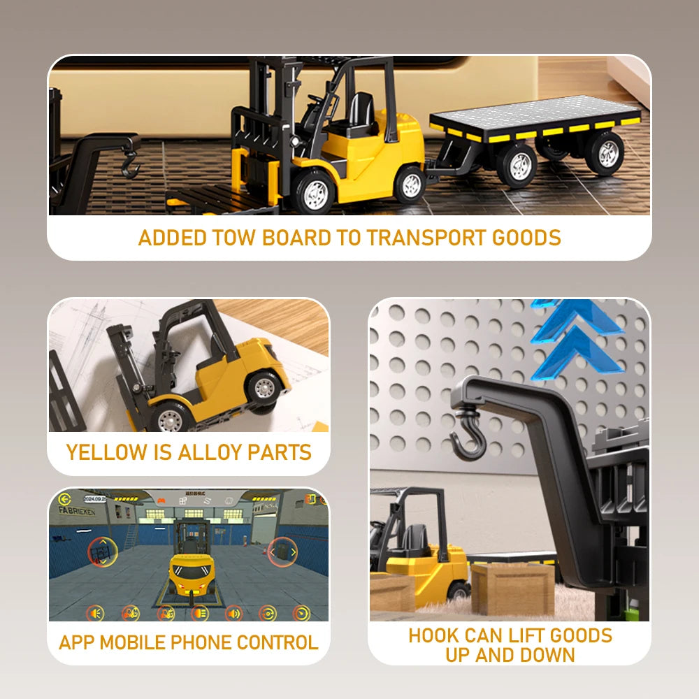 1:64 Bluetooth RC Crane & Forklift 2-in-1 Mini Alloy Toy Vehicle